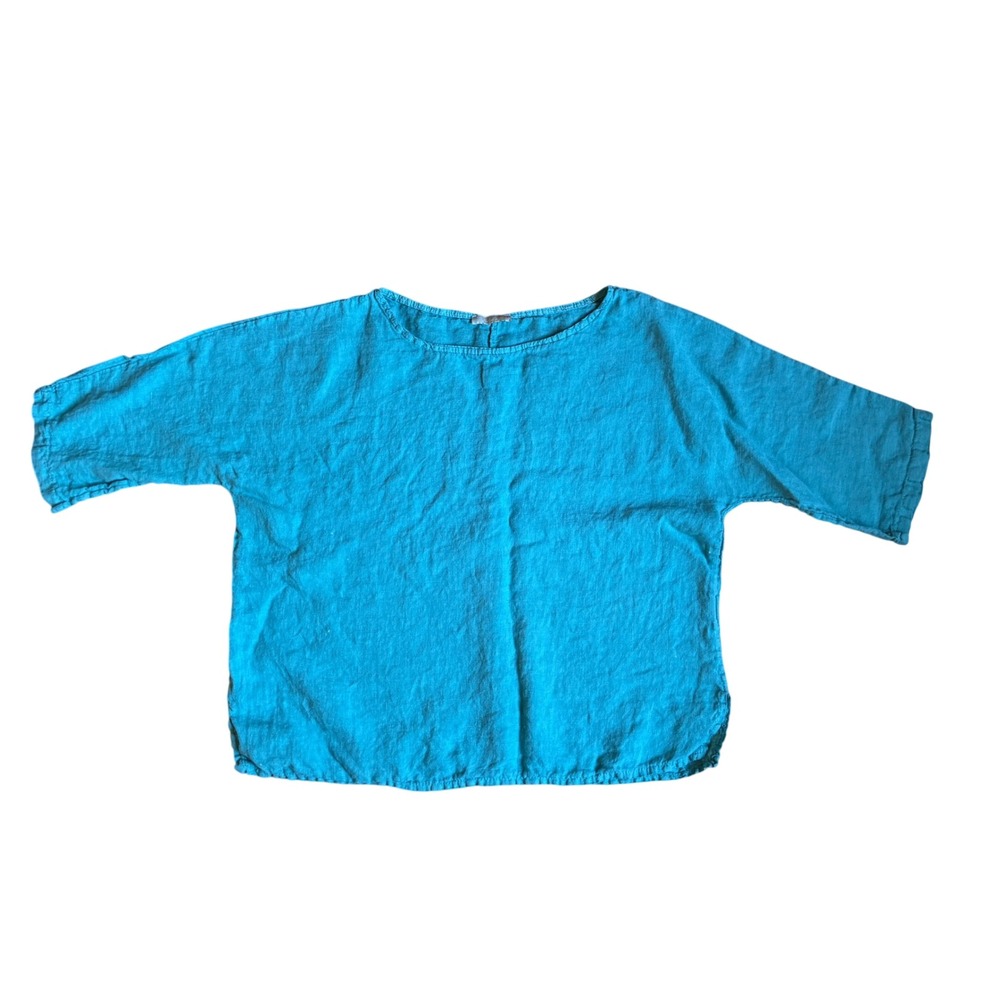 Giusy Made in Italy 100% Linen Boxy Top Turquoise Blue Short Sleeve S Oversized